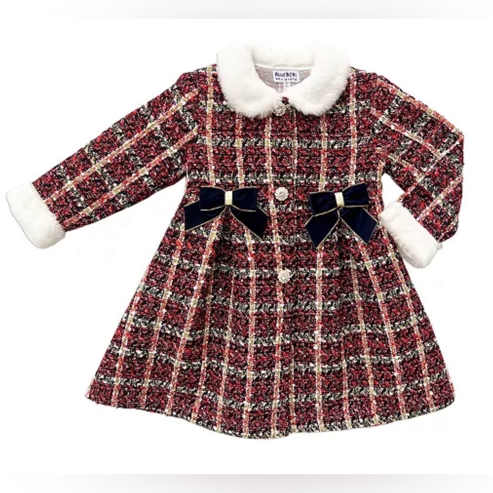 Blueberi Boulevard Red Plaid Tweed Coat Dress with White Faux Fur Collar